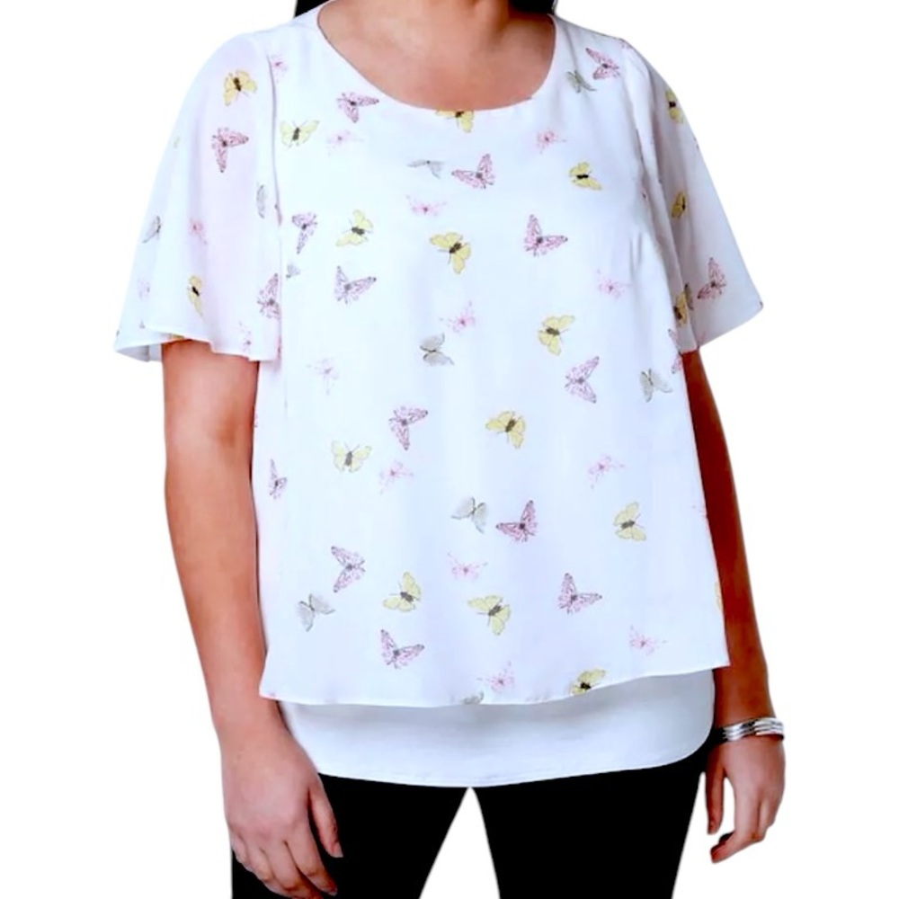 Evans Chiffon Overlay Blouse Butterflies 28 Plus 2X or 3X Flutter Short Sleeves